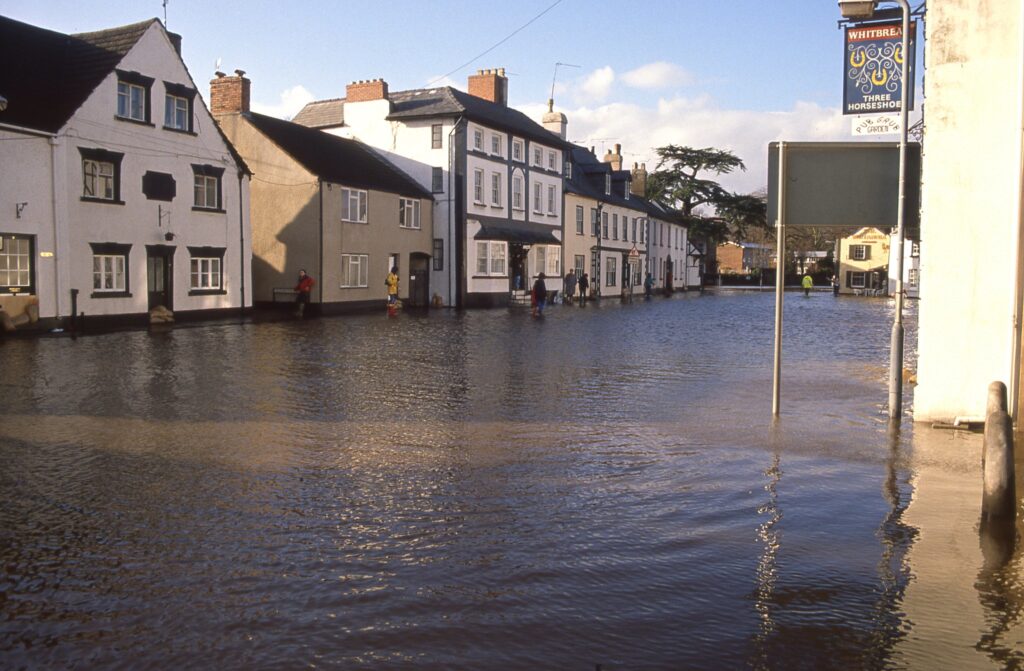 Flooding in Monmouth town centre. 1990.